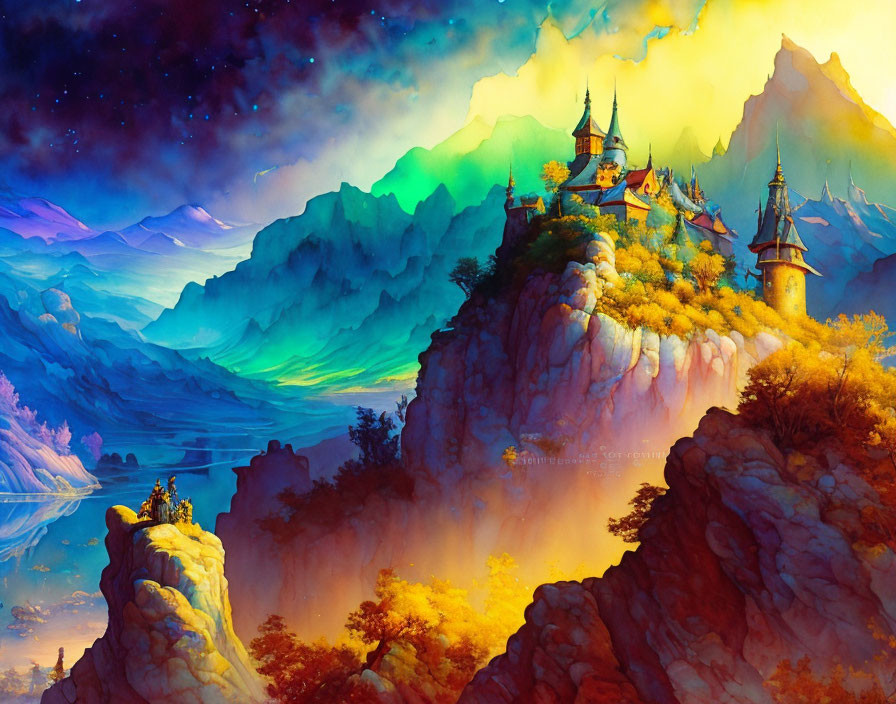 Colorful fantasy landscape with castle on cliff under starry sky
