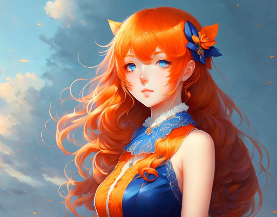 Orange-haired girl in blue and orange outfit under cloudy sky