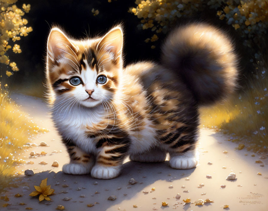Adorable tabby kitten with blue eyes on autumn path