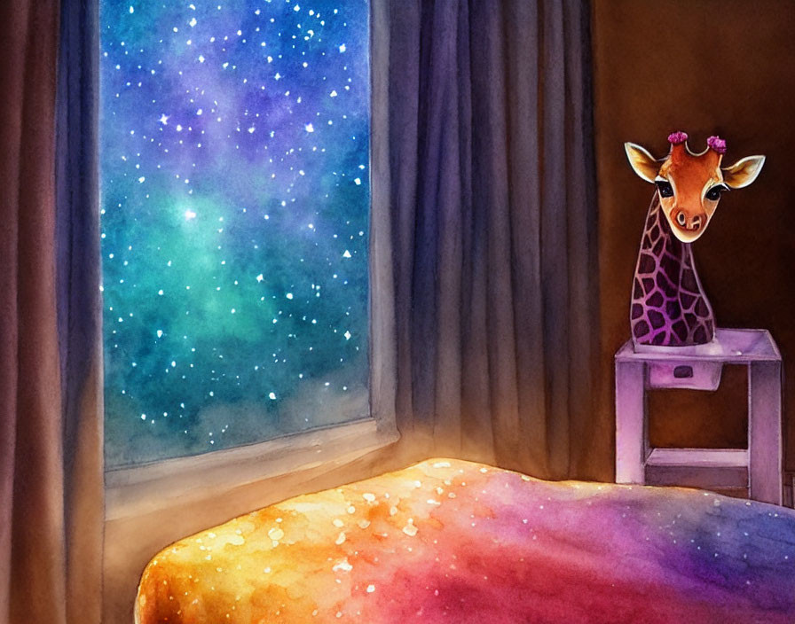 Whimsical watercolor giraffe peeking from curtain at starry galaxy
