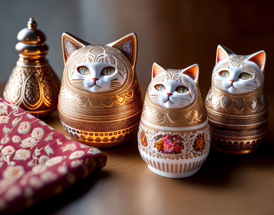 Ornate cat figurines, intricate designs, patterned fabric, embellished pepper shaker on