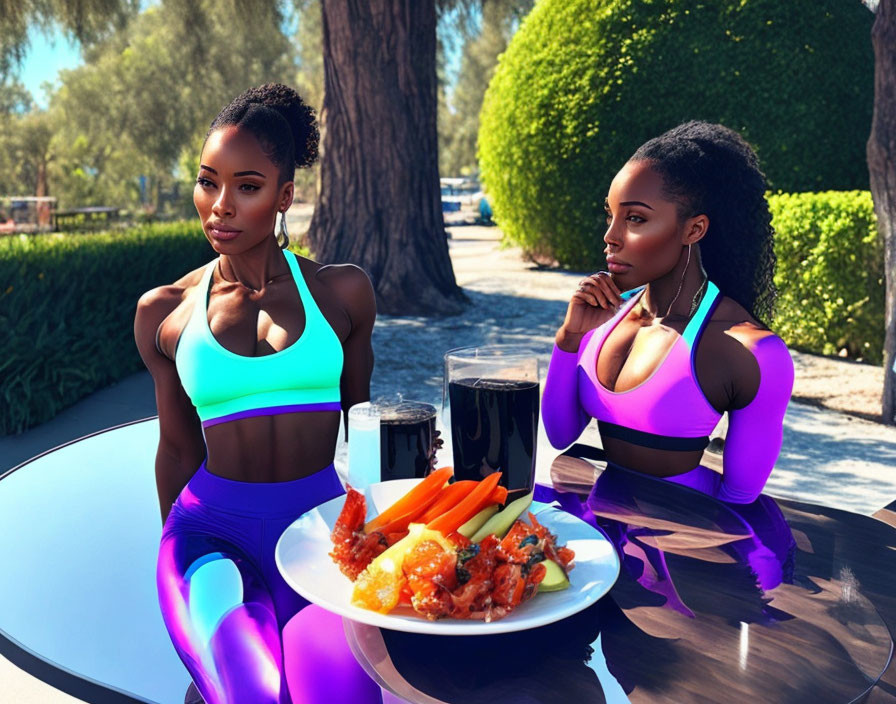 Two women in athletic wear having a meal outdoors under trees.