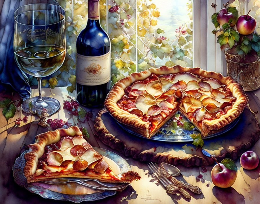 Cozy Still Life with Apple Pie, Wine, and Fresh Fruits