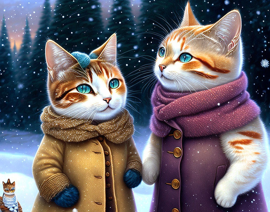 Anthropomorphic cats in winter attire in snowy landscape