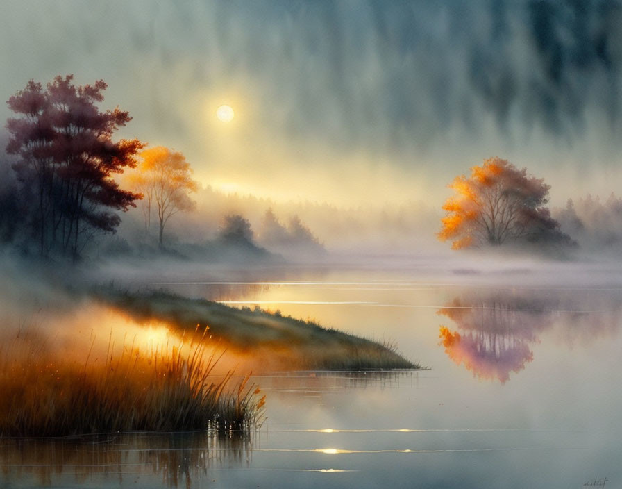 Misty Sunrise Scene of Tranquil Lake and Autumn Trees