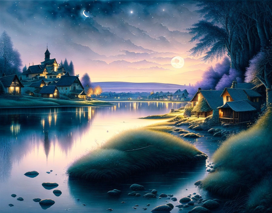 Moonlit village by river with glowing houses, church on hill, surrounded by trees under starry sky