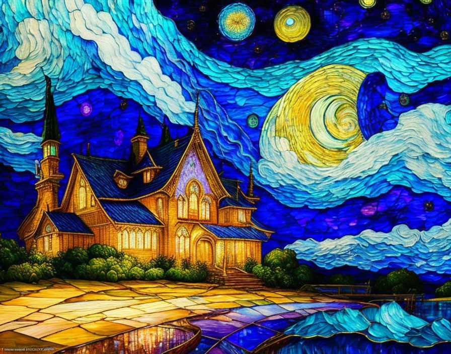 Whimsical house at night with swirling starry sky