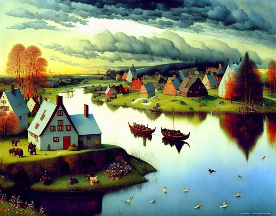 Colorful surreal village landscape with reflective water and dramatic cloudy sky