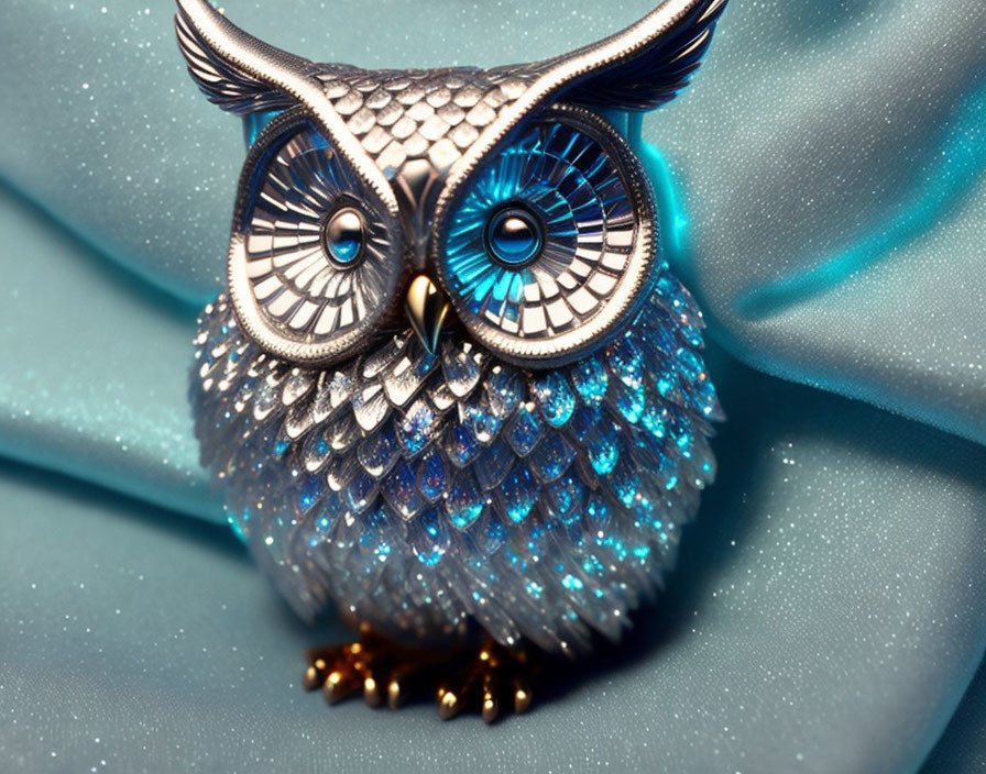 Metallic Owl Figurine with Blue Gem Embellishments on Turquoise Fabric