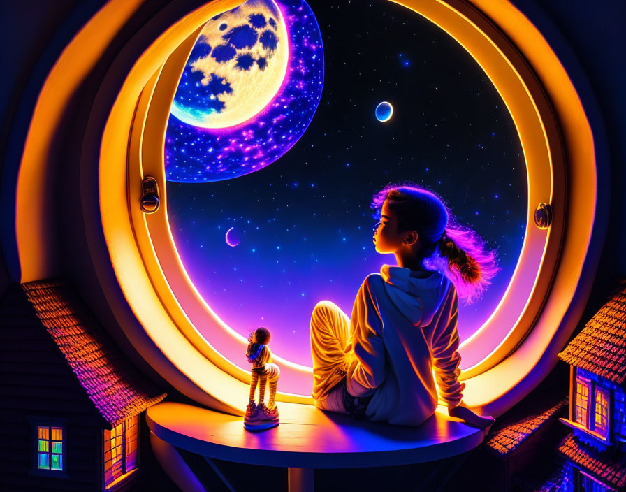 Person Contemplating Cosmic Scene with Moon and Planets