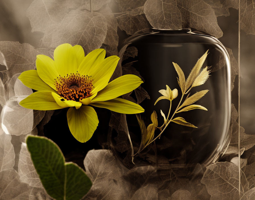 Yellow flower in glass vase with sepia background and foliage designs