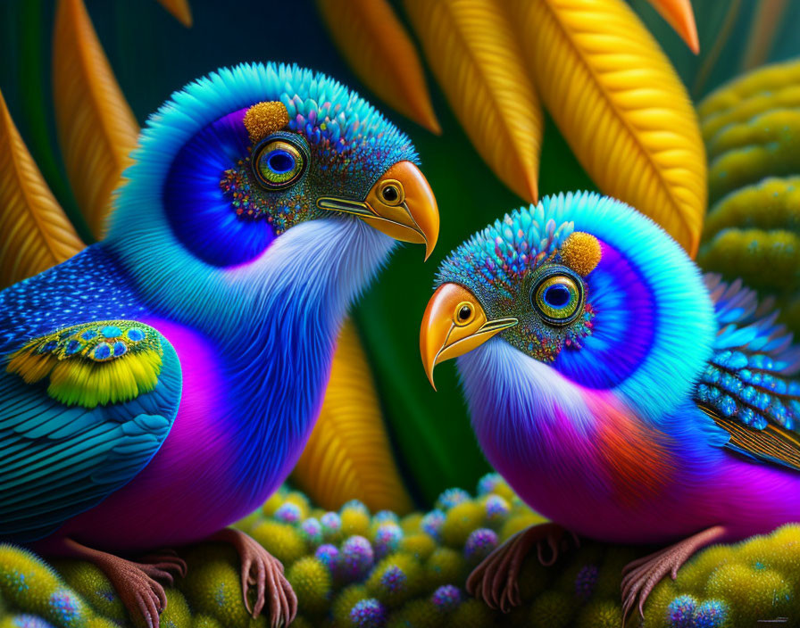 Colorful Blue and Purple Birds Illustration on Green and Yellow Background