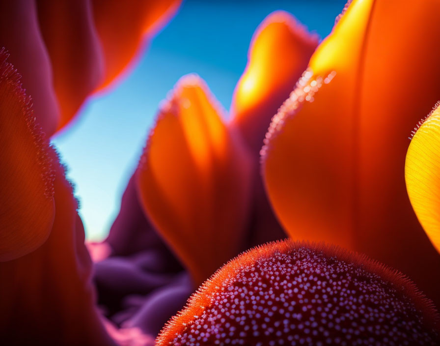 Close-Up of Vibrant Orange Petals with Water Droplets on Purple and Blue Background