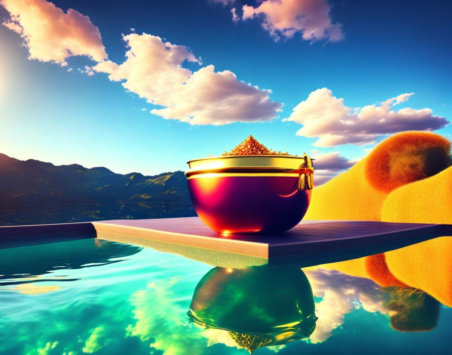 Colorful pot of gold on platform above serene waters with surreal sunset and whimsical hills