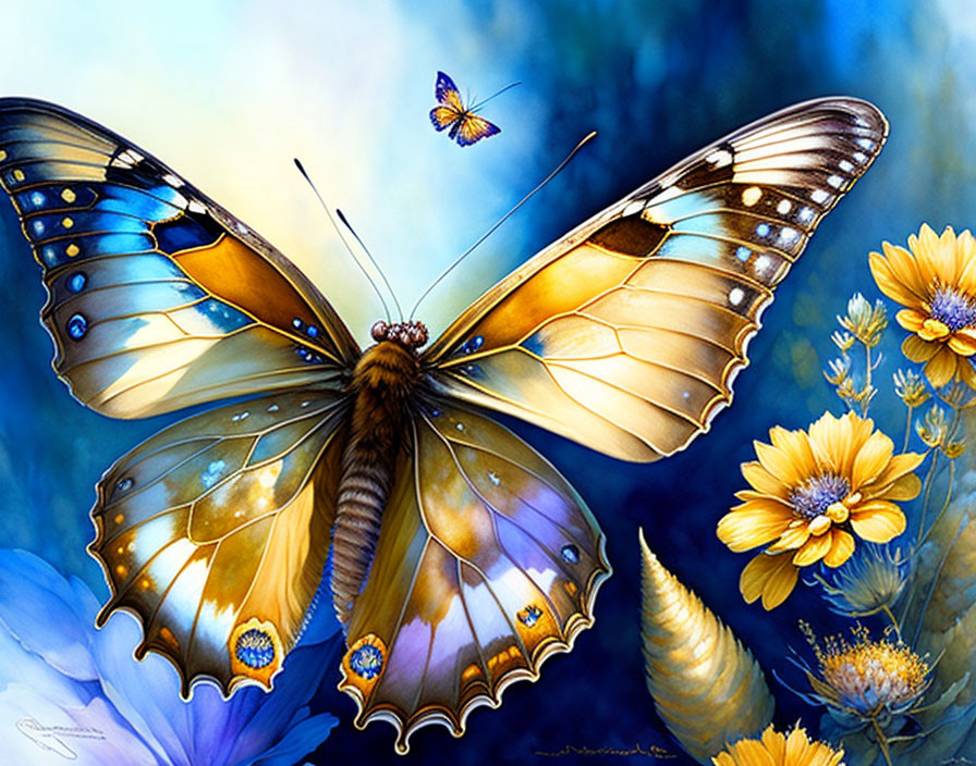 Colorful butterfly illustration with intricate yellow and blue wings on flowers