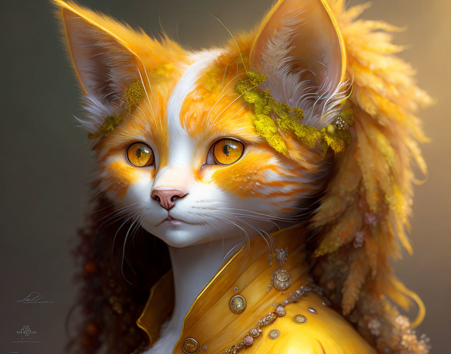 Orange and White Fur Humanoid Cat Digital Art with Green Leafy Adornments