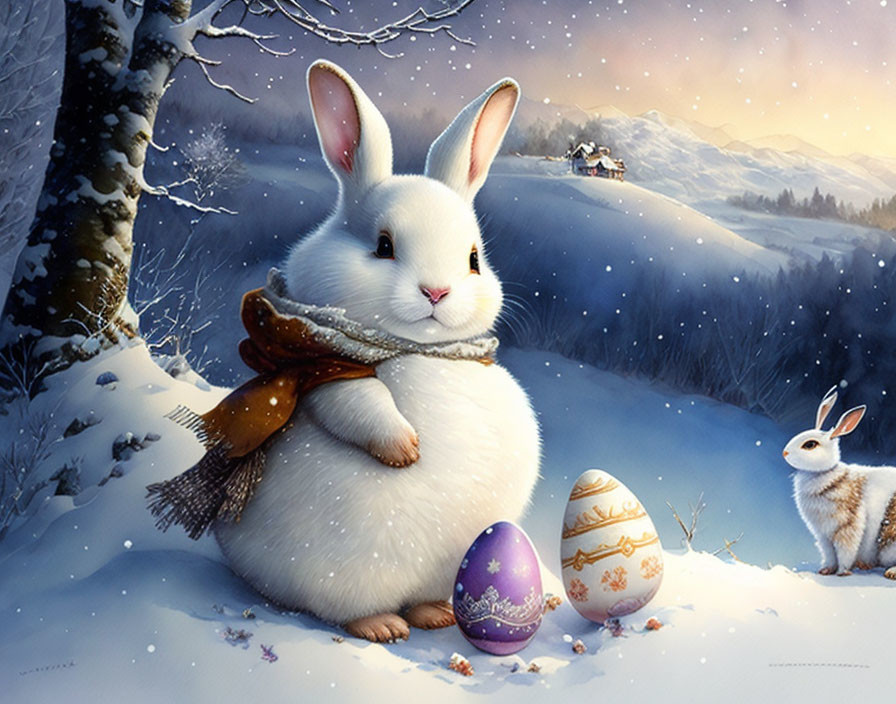 Illustration of Large White Rabbit with Scarf, Small Rabbit, and Decorated Egg in Snowy