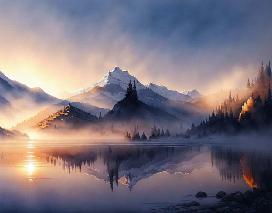 Snow-capped peaks, reflective lake, and sunrise-lit forest in misty mountain landscape