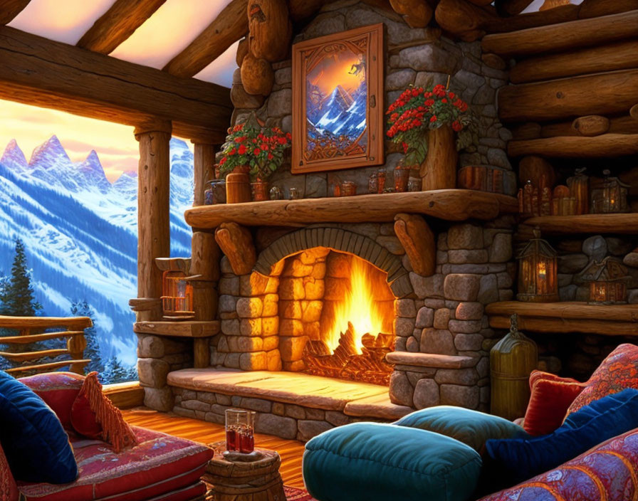 Rustic log cabin interior with fireplace, cozy furnishings, and mountain view.