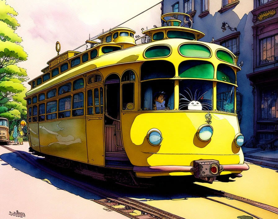 Vintage Yellow Streetcar with Whimsical Design in Colorful Urban Scene