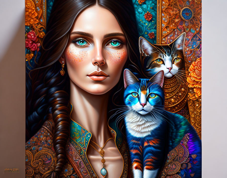 Colorful digital artwork featuring a woman with vibrant cats and intricate patterns