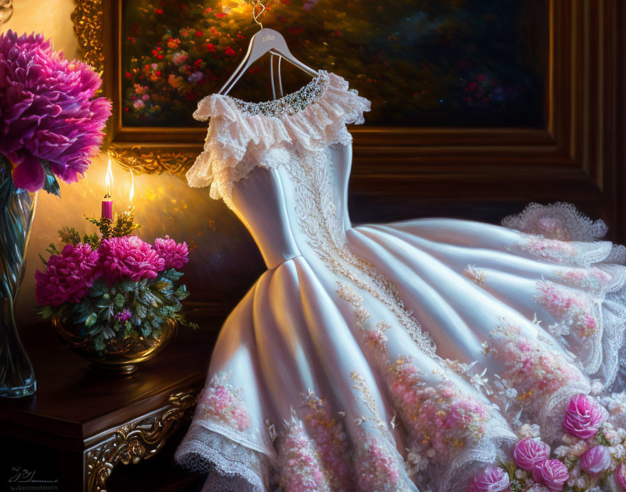 Detailed Wedding Dress with Lace and Floral Embellishments Near Window