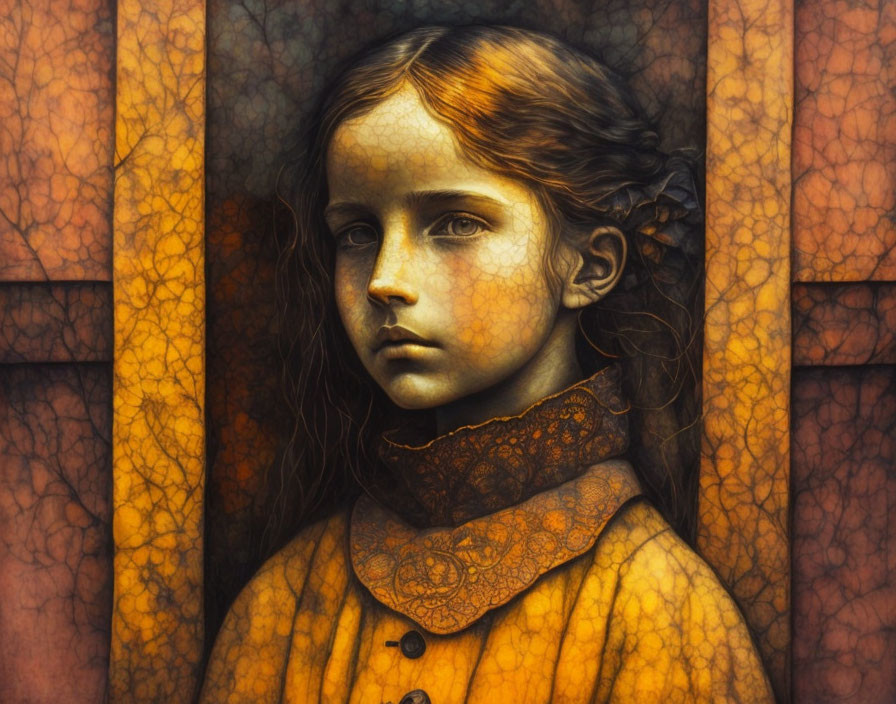 Solemn young girl in orange dress on golden textured backdrop