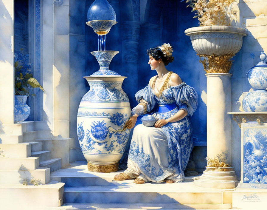 Woman in blue classical dress next to large blue-and-white vase in elegant, sunlit setting