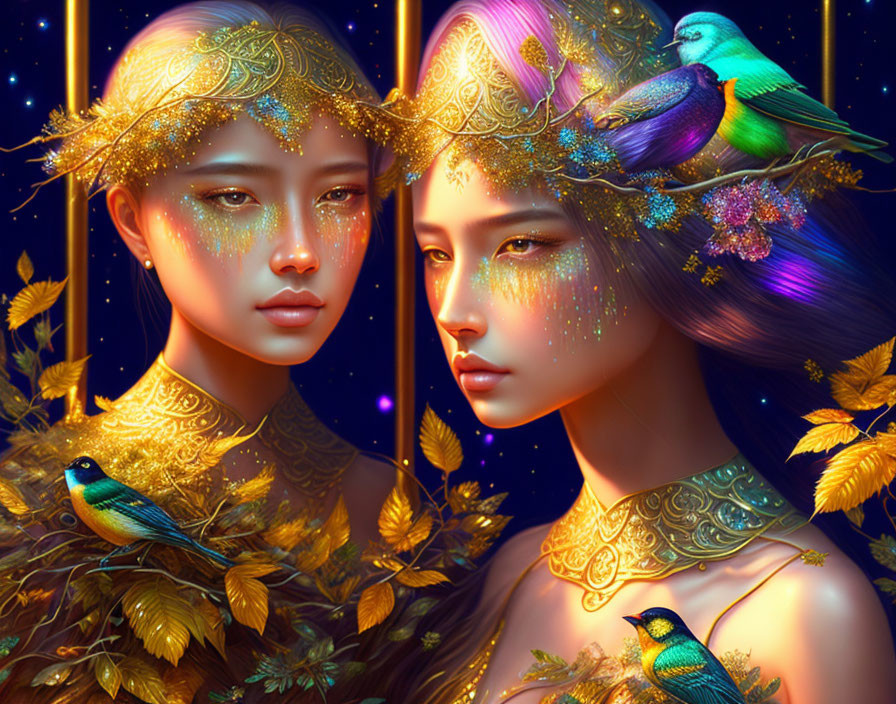 Ethereal figures with gold accents and vibrant birds in mystical setting