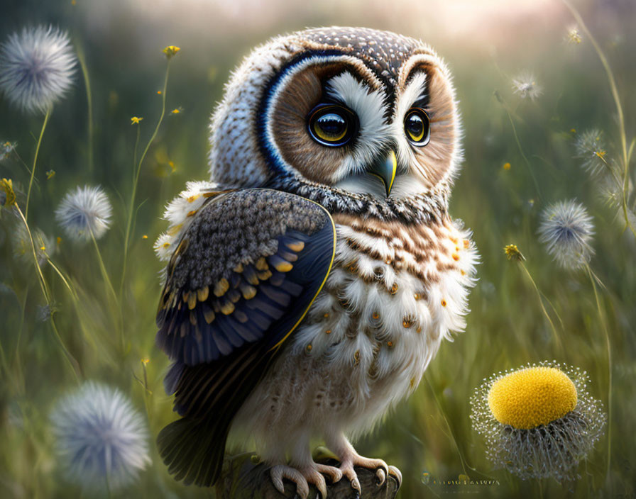 Detailed Owl Illustration Among Dandelions on Soft Background