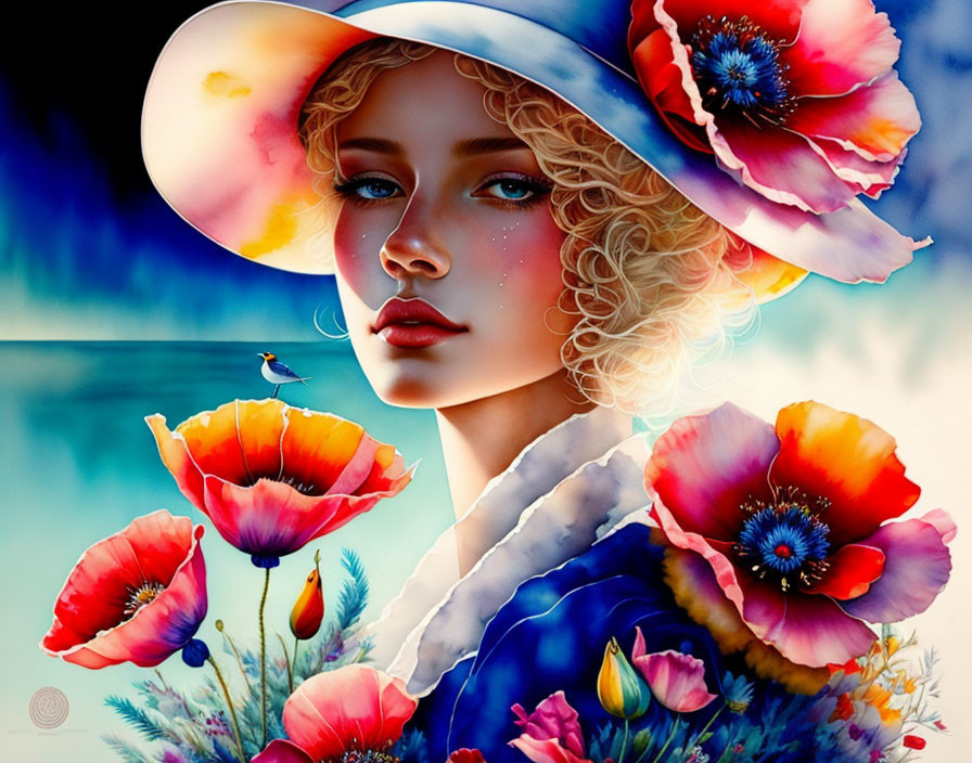 Vibrant artwork of woman with blonde hair, flower hat, poppies, and bird