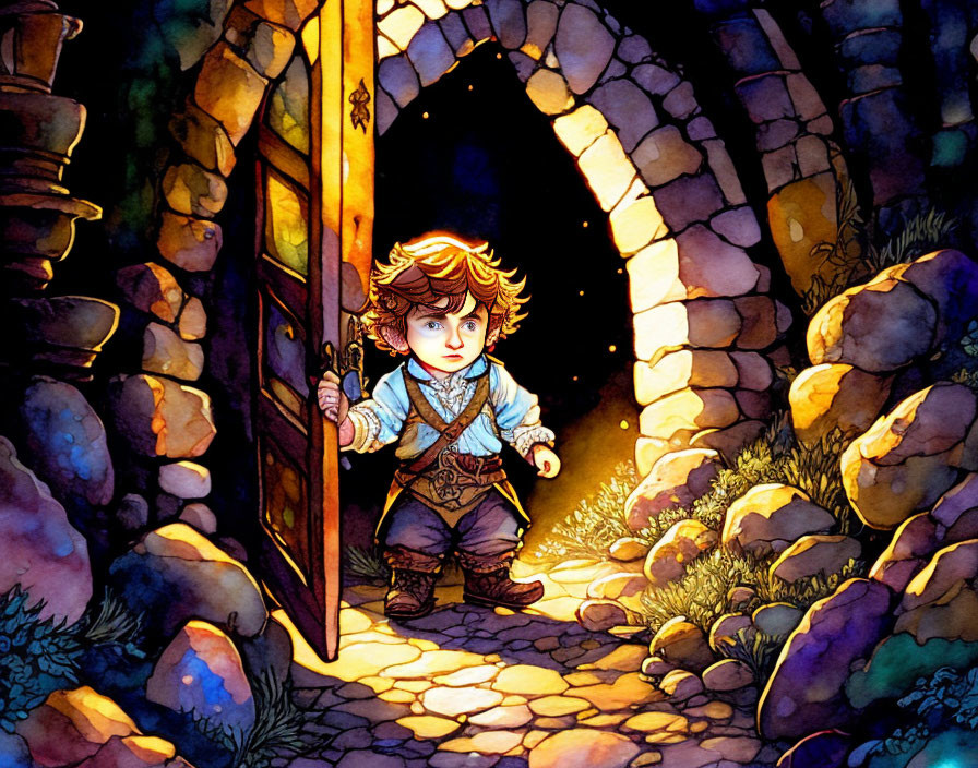 Curious hobbit-like character opens ancient door to cobblestone path lit by glowing lanterns