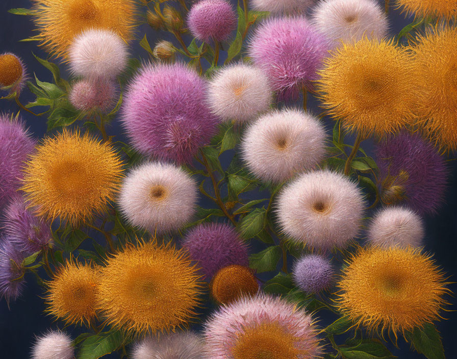 Colorful fluffy spherical flowers in white, pink, and yellow on dark backdrop