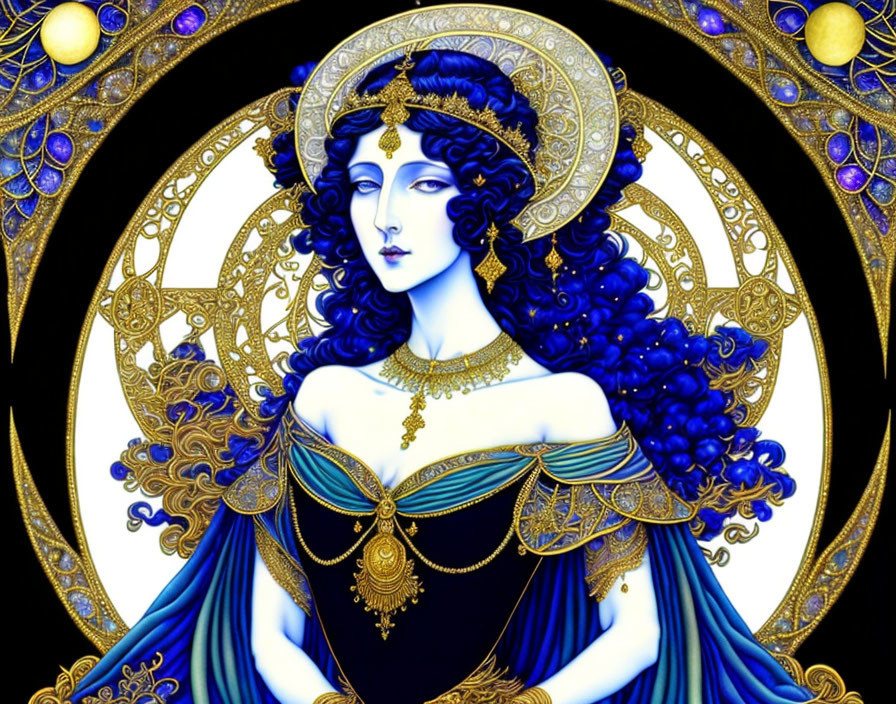 Intricate Illustration of Woman with Cobalt Blue Hair and Golden Headdress