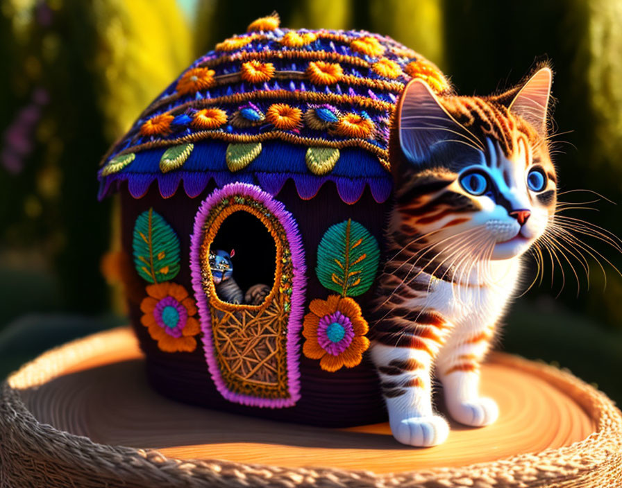 Colorful Embroidered Cat House with Peacock Design and Curious Kitten on Textured Mat