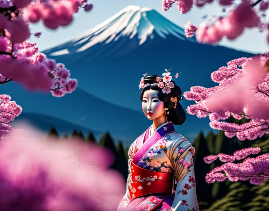 Vibrant kimono geisha with cherry blossoms and Mount Fuji in background