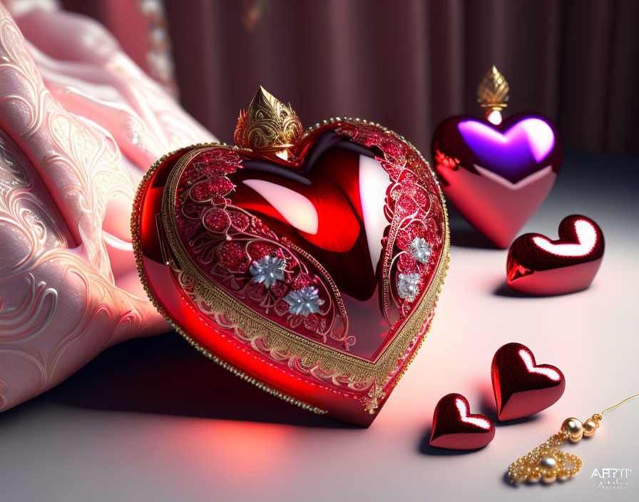 Red and Purple Heart-Shaped Jewels with Golden Designs and Diamonds on Silky Fabric