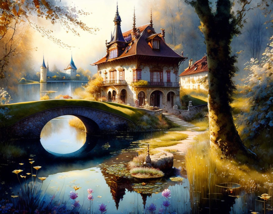 Ornate house by serene pond with stone bridge in fairy tale setting