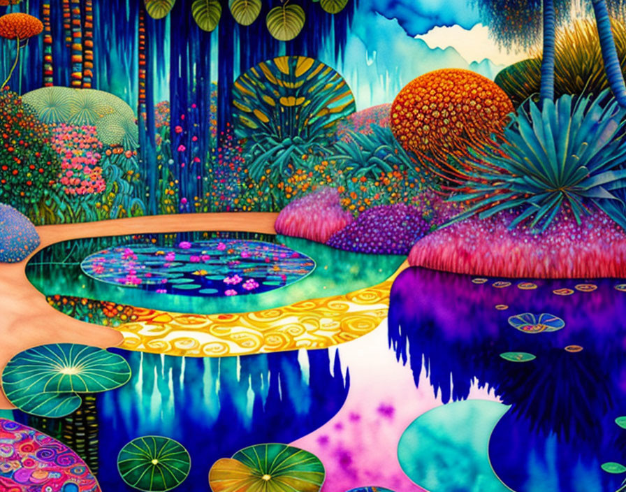 Colorful psychedelic garden illustration with pond and whimsical patterns