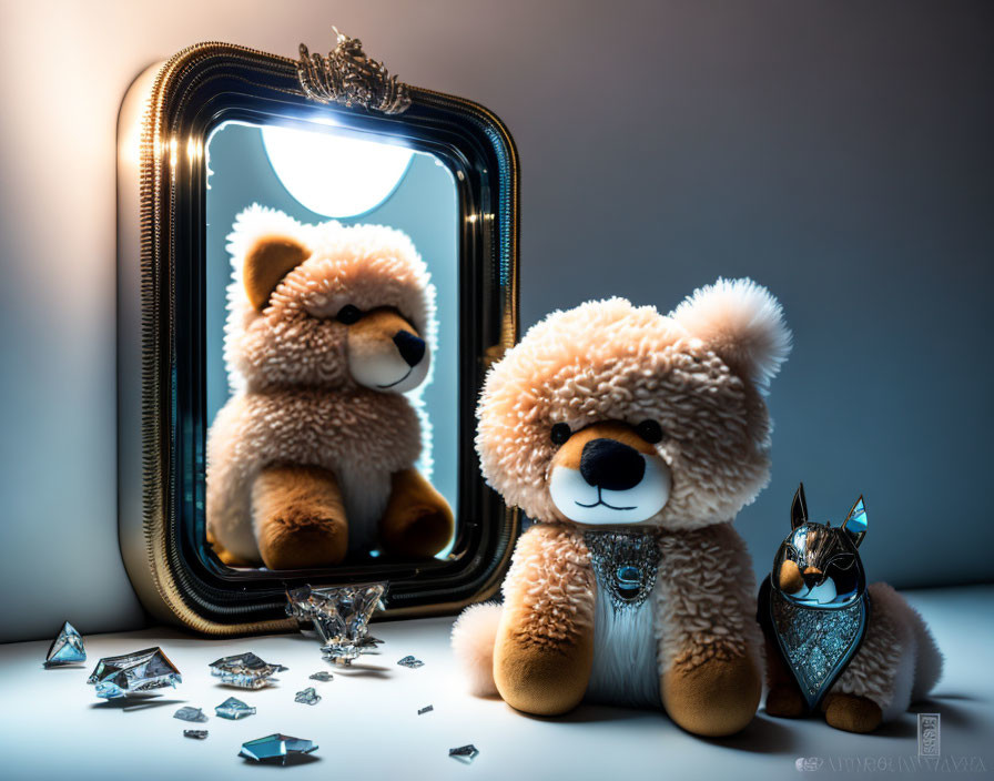 Plush teddy bear with mirror, figurine, and crystal shards on surface