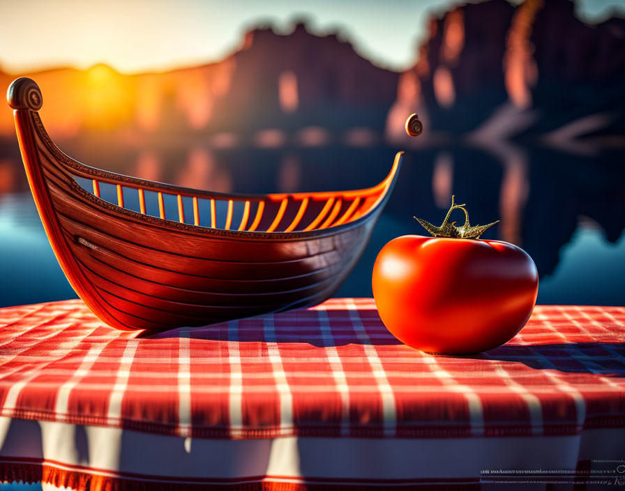 Ripe tomato on red-checkered tablecloth with serene lake landscape at sunset