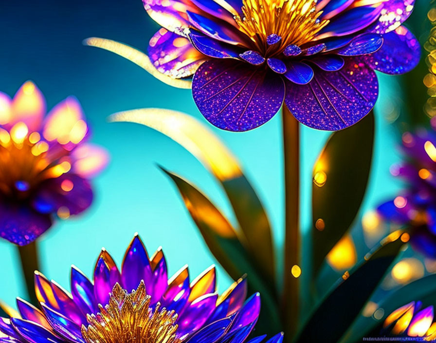 Colorful Blue and Purple Flowers with Glowing Edges on Blue Background