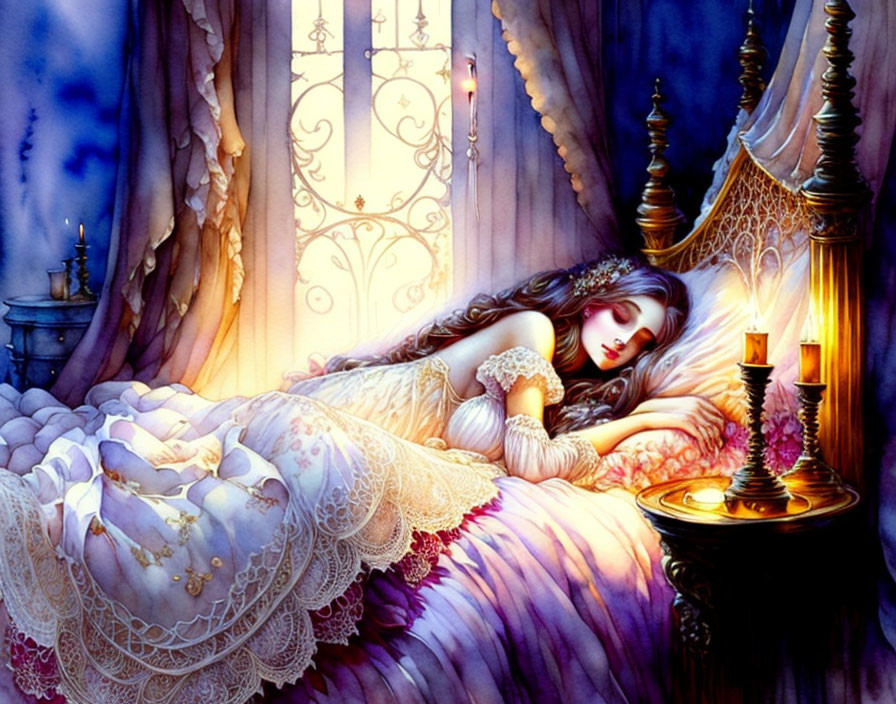 Illustration of woman sleeping in ornate bed with rich textiles and candlelight