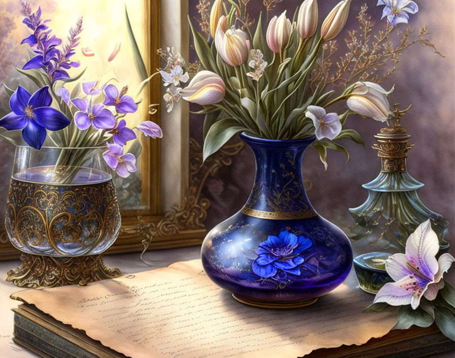 Vibrant still life artwork with blue vase, flowers, glass bowl, and handwritten pages
