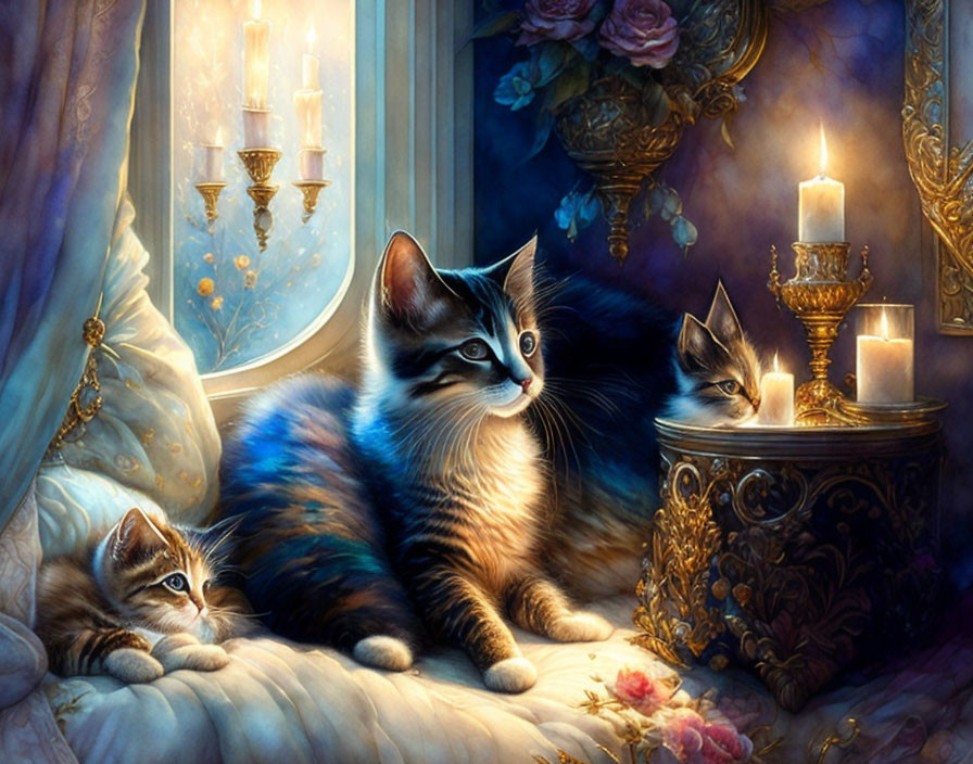 Three kittens in candle-lit room with one looking at mirror