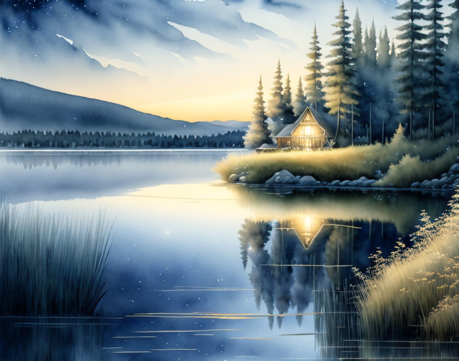 Tranquil lake scene at dusk with lit cabin and starry sky