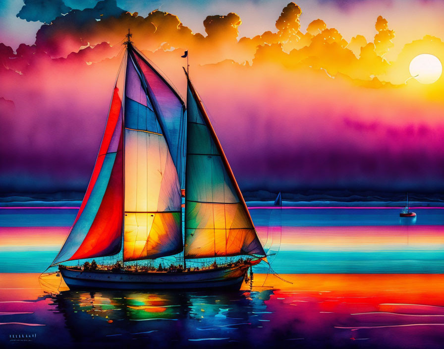 Colorful sailboat painting on calm sunset waters