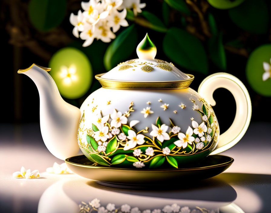 White Teapot with Gold Floral Designs on Saucer Amidst Blossoms and Leaves