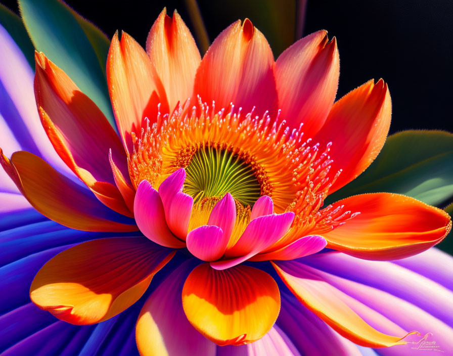 Colorful Close-Up of Orange and Pink Flower on Purple Striped Background