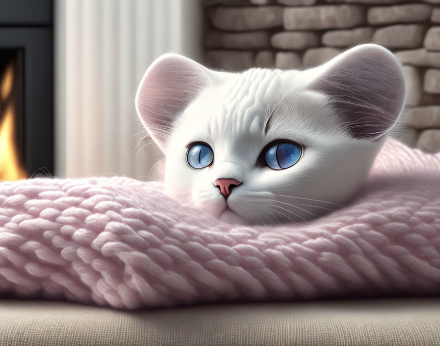 White Cat with Blue Eyes on Pink Knitted Blanket by Cozy Fireplace